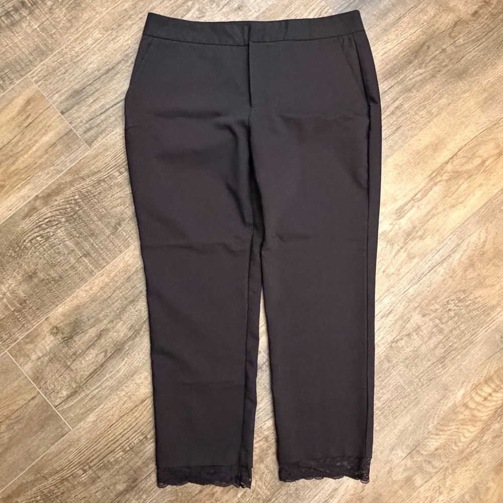 Zara Basic Black Lace Trim Hem Tapered Ankle Crop Dress Pants Womens L Office